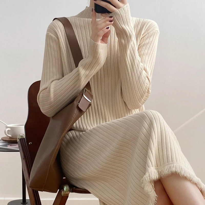 

Вязаные женские платья, плотное однотонное осенне-зимнее теплое элегантное платье 2023, офисное женское платье с полувысоким воротником, корейское Модное Длинное Платье