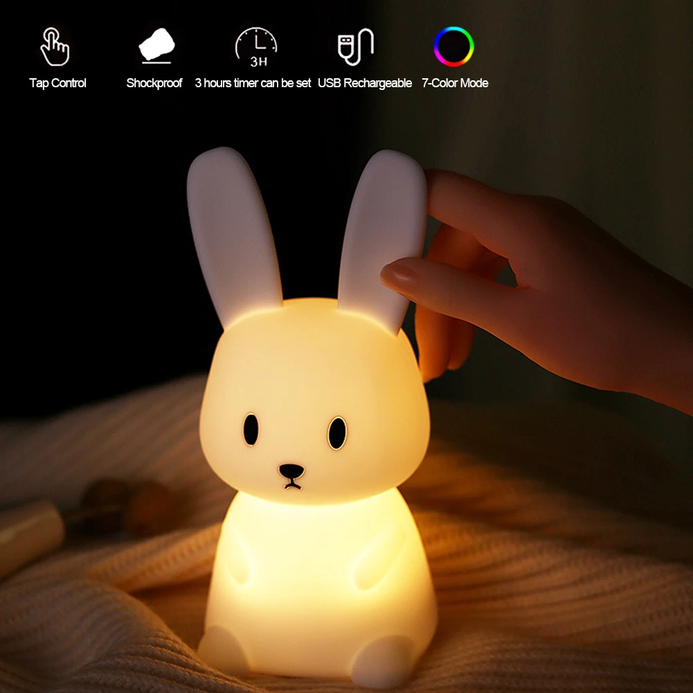 

Cute Rabbit Tap Night Light Silicone Animal Atmosphere Lamp Children Kids Holiday Gift Dimmable Night Lamp 5V USB Charging