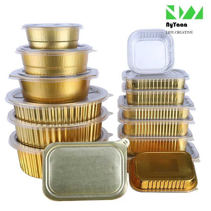 Thickened Gold Foil Box & Bowl Barbecue Disposable Packaging Aluminum Foil Lunch Box Commercial / Household Sealable Meal Boxes images - 6