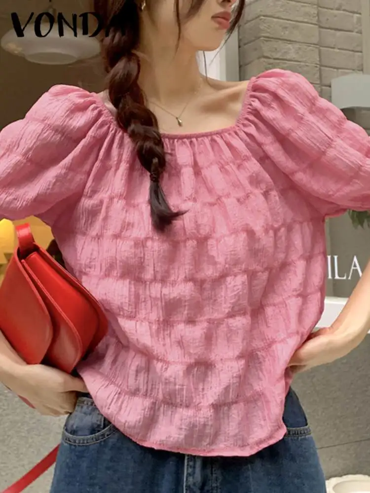 

VONDA шикарные стильные женские блузки, сексуальная Летняя туника с квадратным вырезом, повседневные свободные однотонные рубашки, плиссированные элегантные блузки 2023
