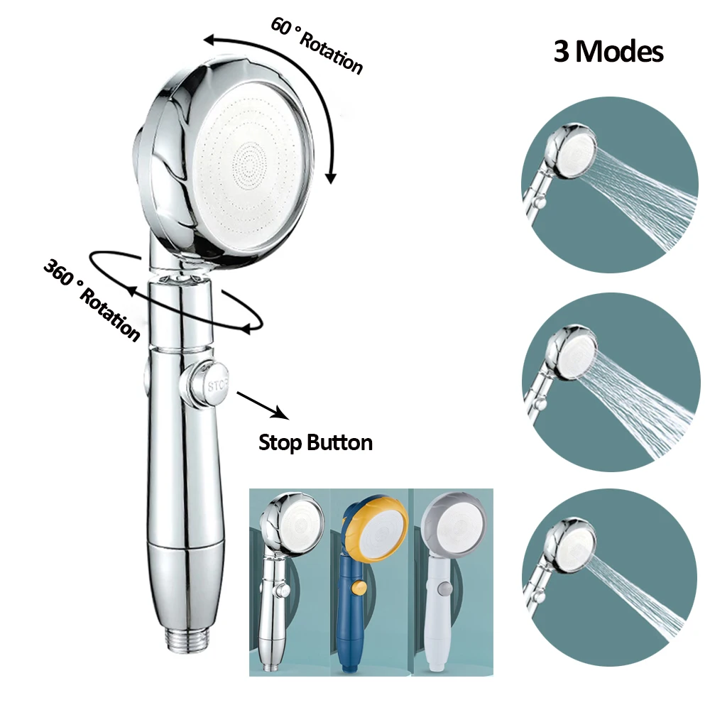 

360 Rotation Shower Head 3 Modes Adjustable High Pressure Rainfall Shower Head Water Saving Switch Button Shower Accessories