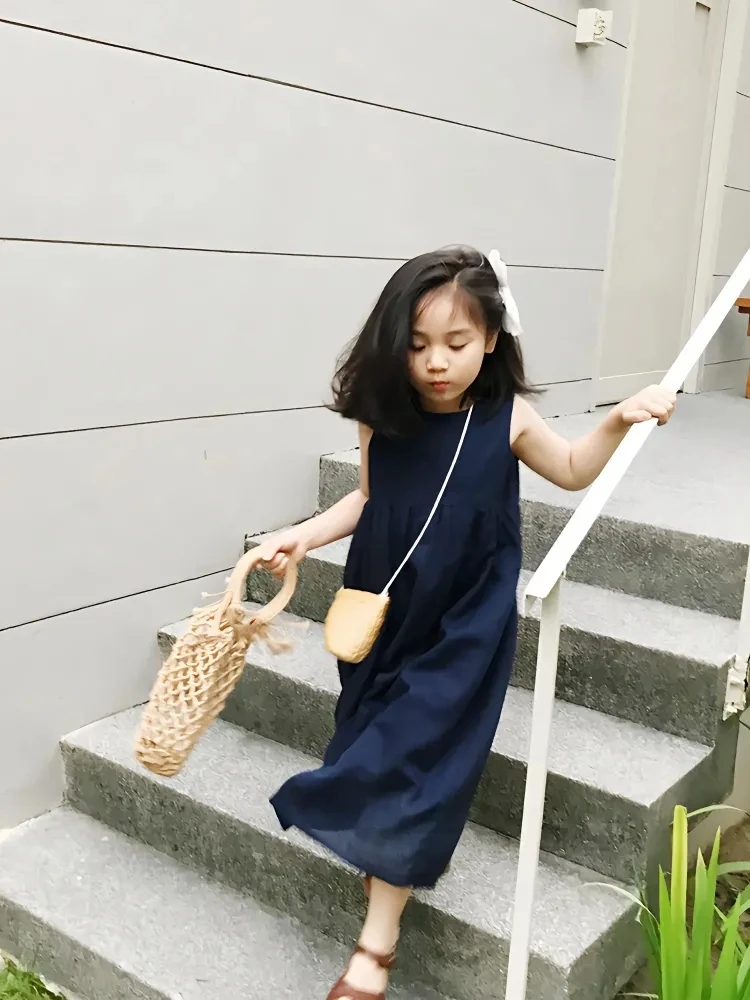 

Летнее платье из хлопка и льна для девочек, детское темно-синее платье без рукавов для девочек, однотонный длинный сарафан для больших девочек, летнее пляжное платье 6 8