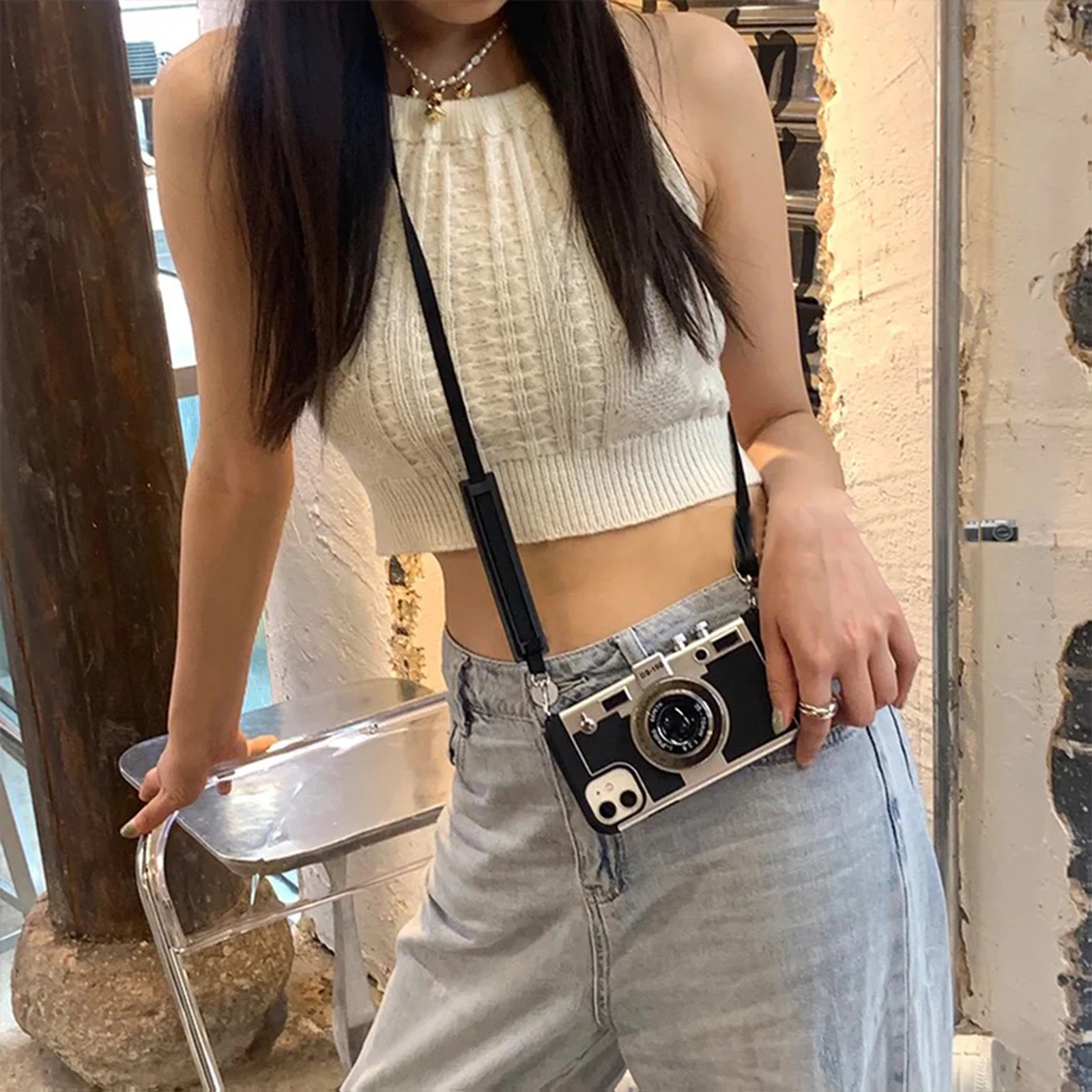 Retro Camera Phone Case for iPhone 14 Pro Max Plus 5G Soft TPU Case with Lanyard Shockproof Phone Case Protection Cover