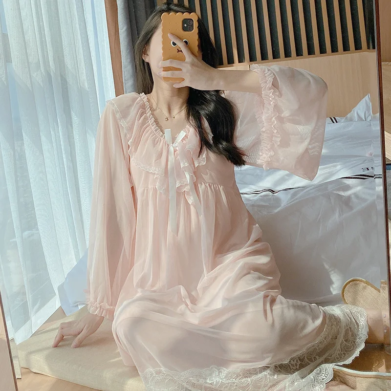 

Young Lady Sweet Mesh Long Nightdress Pink Lace Bow Trim Nightgown Summer Autumn Sleepwear Dreamy Home Dress Sexy Nightwear