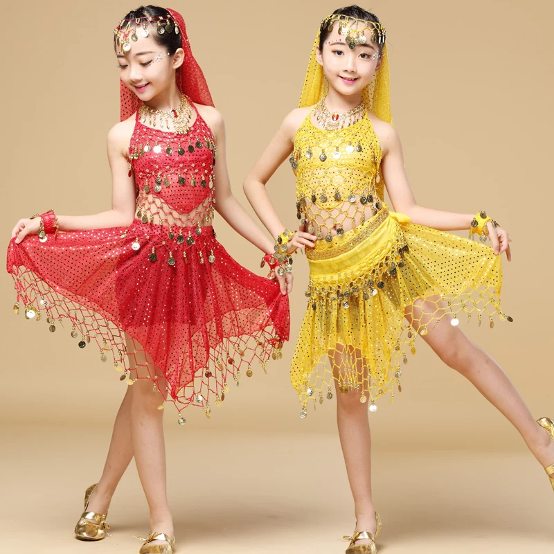 

New Style Kids Belly Dance Costume Oriental Dance Indian Dance Costumes For Kids 7 pcs (top skirt belt veil necklace 2 braclets)