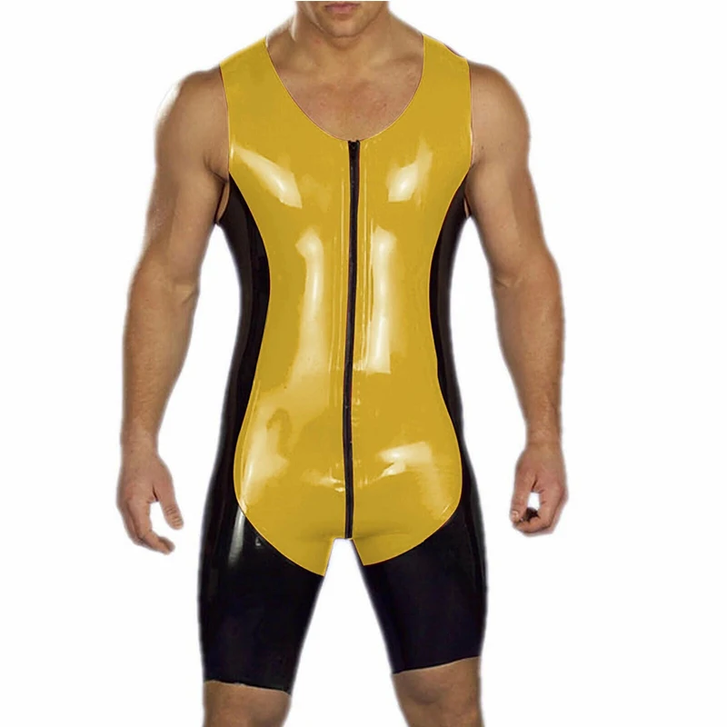 

Handmade Male Fashion Latex Catsuit Fetish Front Zip Black with Yellow 0.4mm Rubber Size XXS-XXL for Men