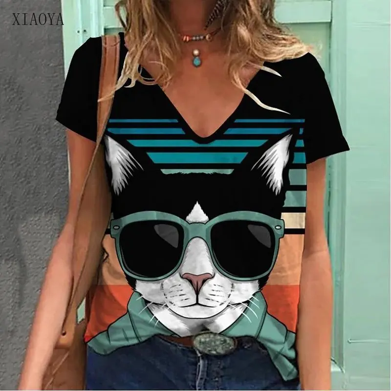 

2022 Women's Summer T-shirt Casual 3D Printing Cat Pattern Blouses V-Neck Short sleeve Tee Sexy Top Graphic t shirts Streetwear