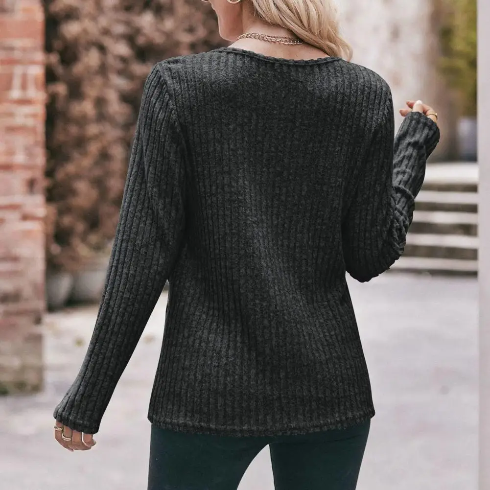 

Long Sleeve Top Stylish Women's Striped Texture Button Decor Long Sleeve Pullover Soft Irregular Hem Fall/winter T-shirt Women