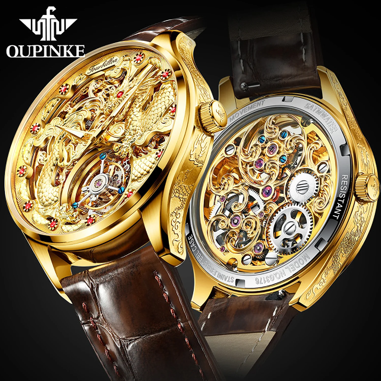 

Top Brand OUPINKE Luxury Gold Mechanical Watch for Men Tourbillon Sapphire Dragon Leather Wathes Hand Wind Waterproof No Battery