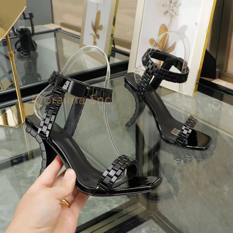 Strange Style High Heels Metal Watch Chain Square Toe Sandals for Women Summer 2023 New Fashion Women's Shoe Party Catwalk