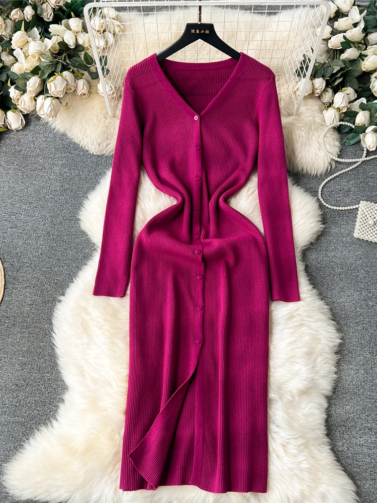 

Women's Breasted Knitted DressVintage V-Neck Long Sleeve Slim Sheath Robe Monochromatic Stretchy