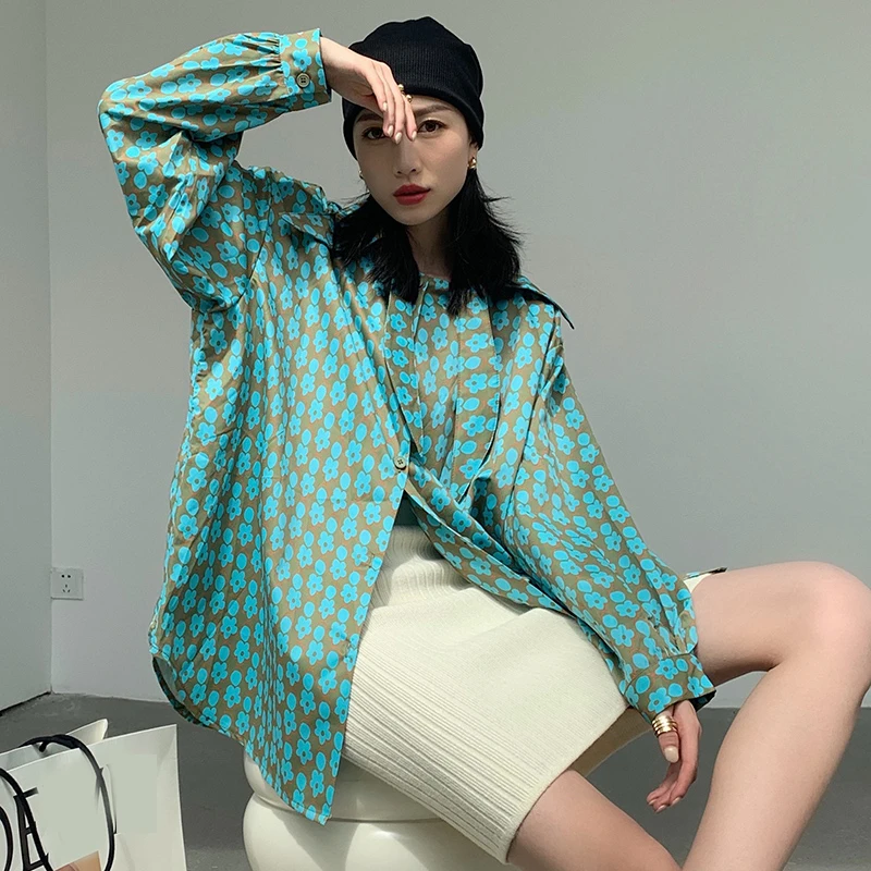 

2022 Autumn New Women's Lapel Loose Korean Version of The Printed Top Women's Long-sleeved Green Women's Top Fashion Ladies