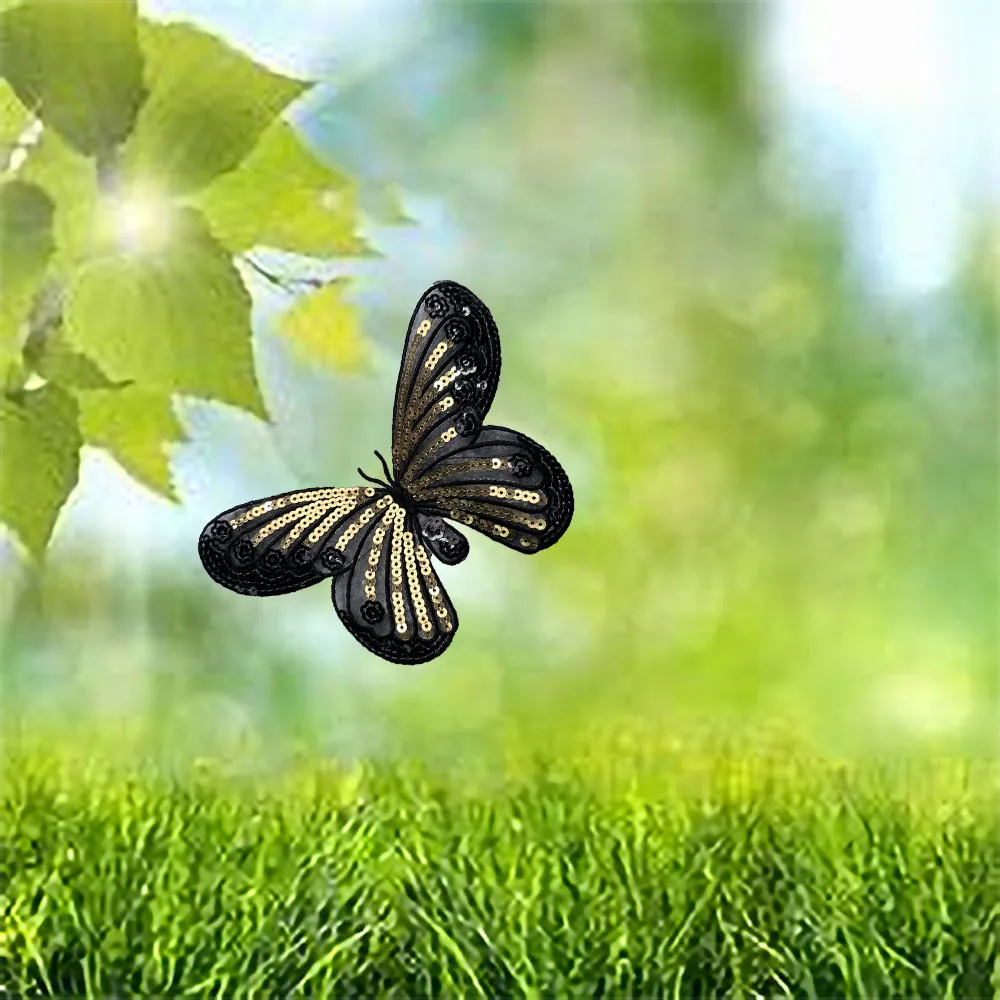 1 Шт. 12x19 См Черная Органза Золотая Блестящая Нашивка-бабочка Блестящий Клей Для