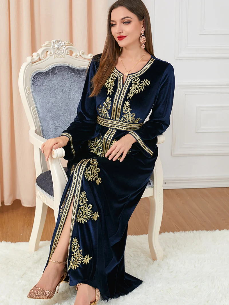 Dresses For Women 2022 Autumn Winter Velvet Embroidery Long Sleeve Dress Belted Kaftan Split Hem Abaya Muslim Dubai Gowns