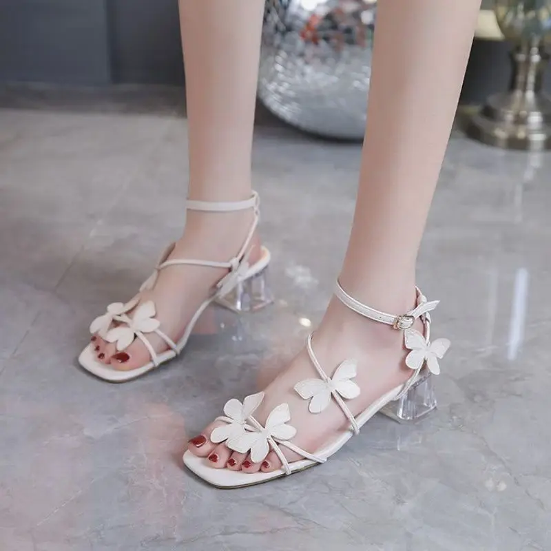 Summer Temperament Show Leg Long Line With Bow Thin Heel Square Head Roman Crystal High Heel Sandals