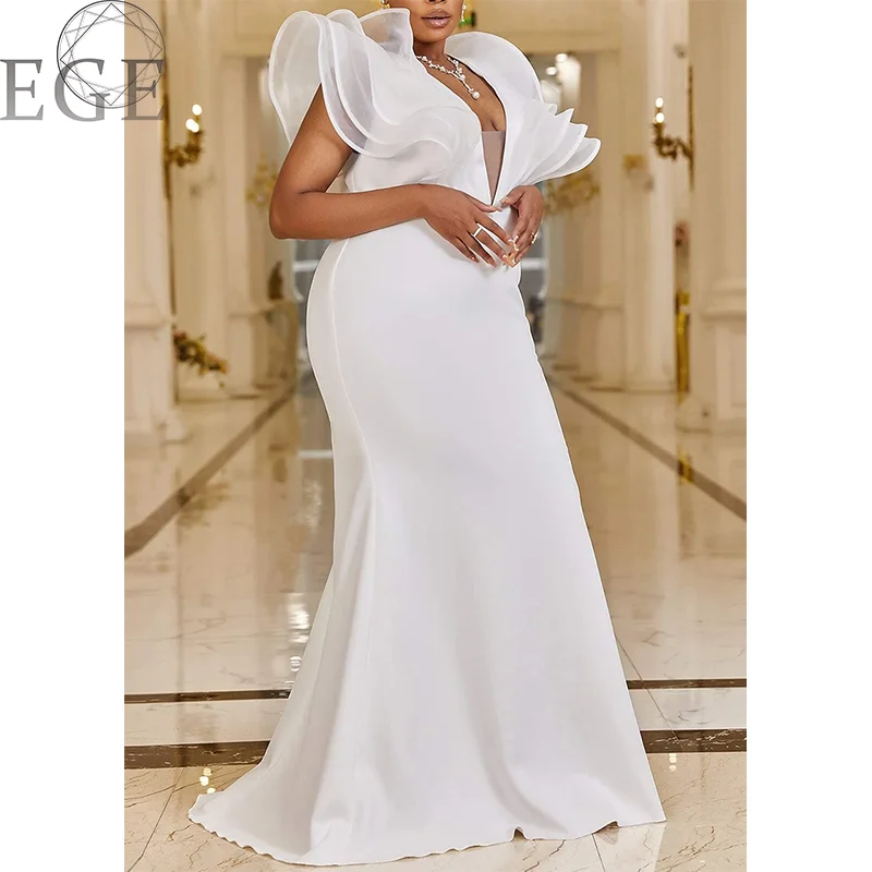 Plus Size Ruffle V Neck Luxury Evening Gown Backless Maxi Black Sexy 4xl 5xl Elegant Trim Mermaid Luxury Dress