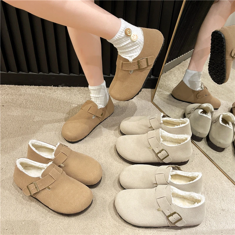 

2023 New Fur Thickened Leather Soft Soles Comfortable Women's Winter New Snowshoes with Cashmere Warm Cotton Shoes Women Flat