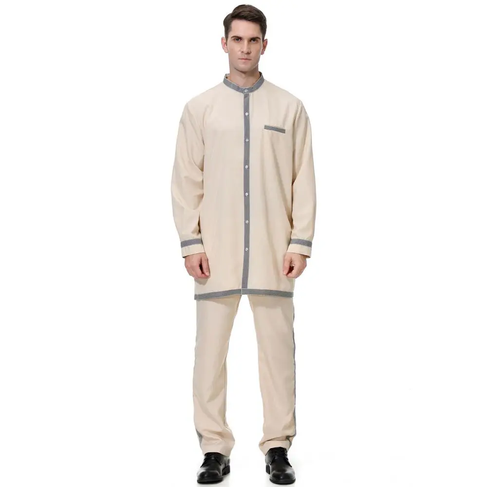 Two-piece Set Casual Men's Tops And Pants Contrast Color Stitching Craft Muslim Middle East Arab Lslamic National Costume