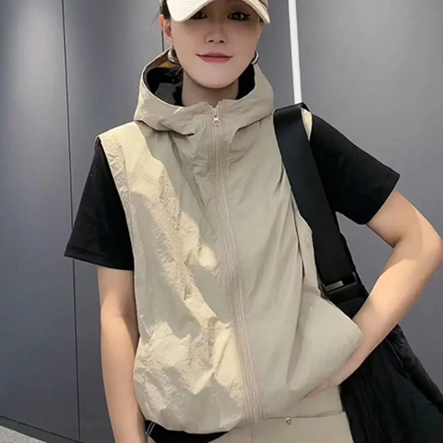 New Vintage Hooded Vest Women Sleeveless Cardigan Korean Fas