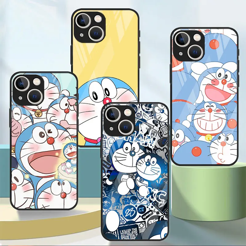 

Doraemon Cute Glass Case For Apple iPhone 14 11 13 12 Pro XR X XS Max 13Pro 13Mini 14Plus Silicone Soft Phone Cover