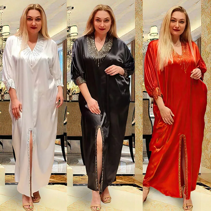 

Arab Dubai Women Luxury Satin Diamonds Abaya Loose Bat Sleeve Muslim Long Maxi Dresses Turkey Evening Kaftan Party Gown Moroccan