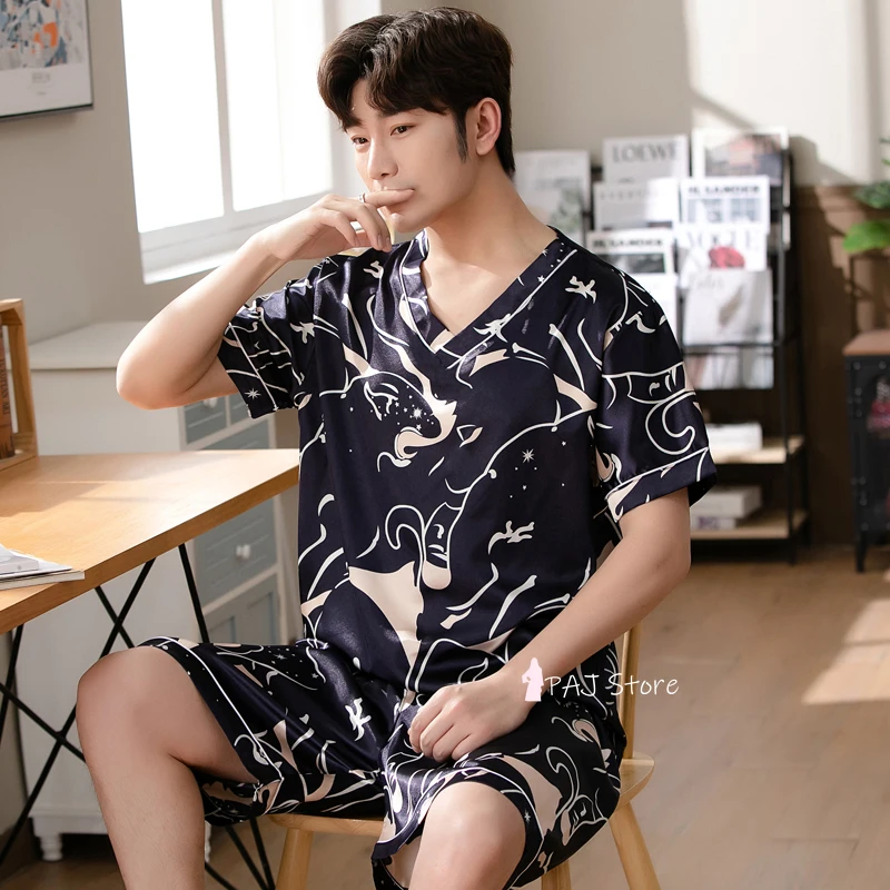 Summer Pajamas 3XL Men Silk Satin Pullover Shorts Two Piece Set Sleepwear Man Pajama Home Clothes Nightwear Men Sleep Lounge