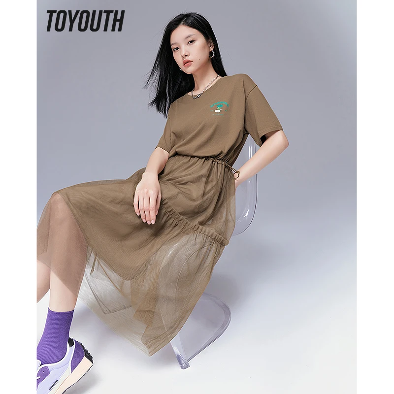 Toyouth Women Dress 2023 Summer Short Sleeve O Neck A-shape Elastic Waist Mesh Splicing Brown Casual Chic Mid-length Skirt