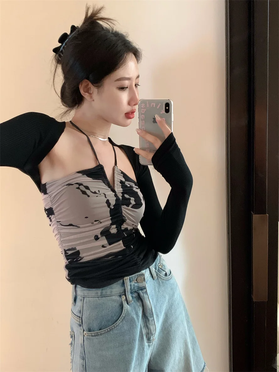 Женская футболка из двух предметов черная на шнуровке и накидка Винтажная в