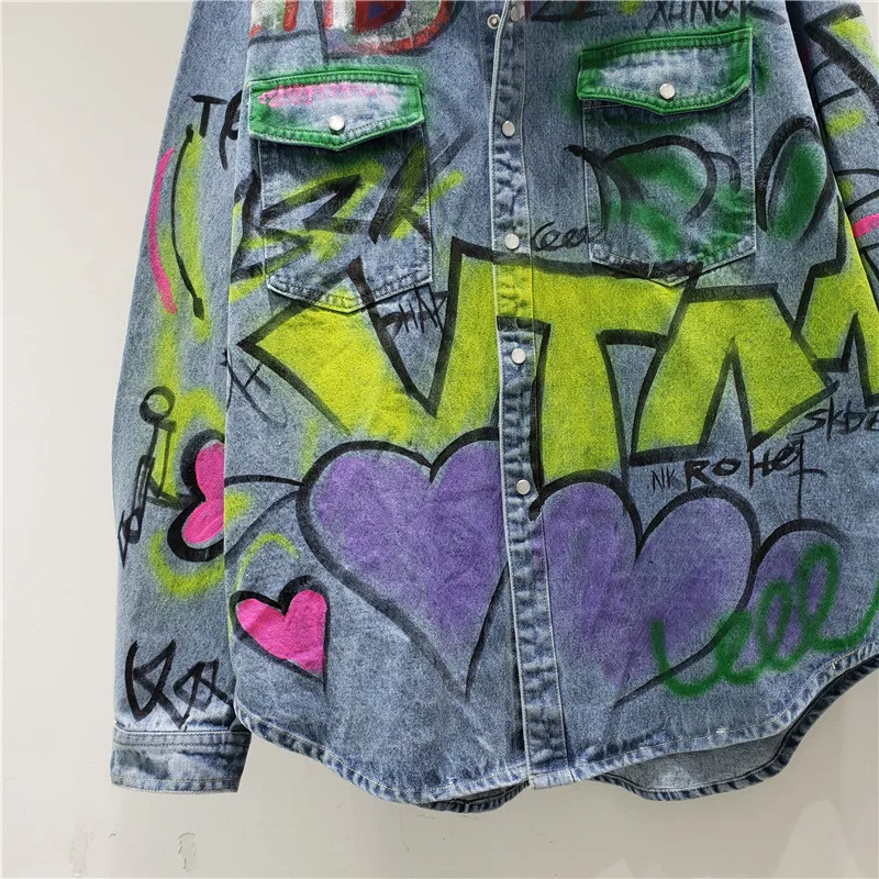 Куртка женская джинсовая с длинным рукавом винтажный пиджак из денима принтом