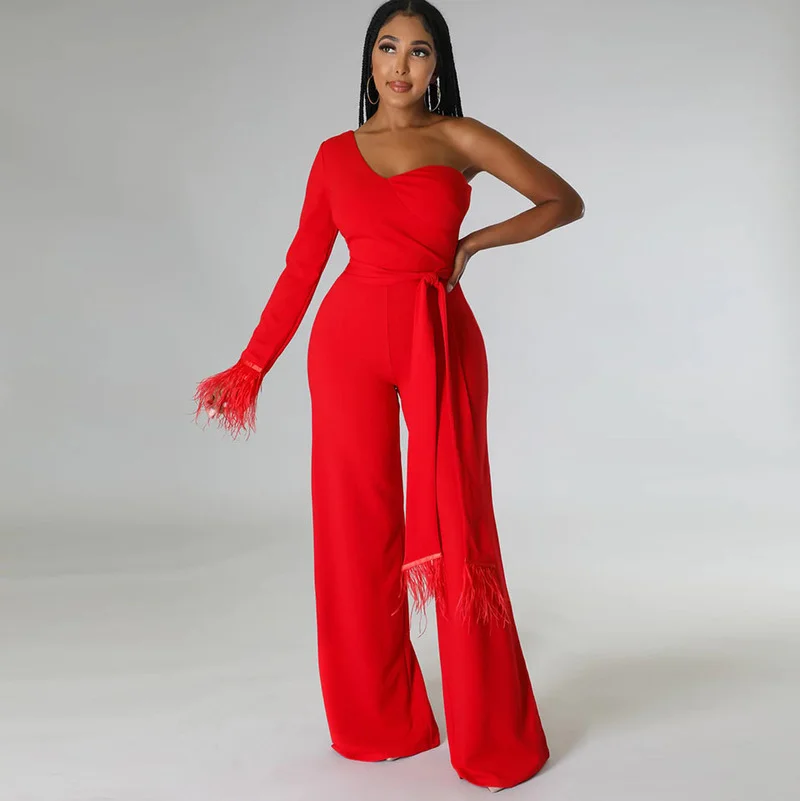

WUHE Fall Sexy Feathers One Shoulder Elegant Formal Party Jumpsuits Birthday Outfits for Women Wide Leg Pants Clubwear Overalls