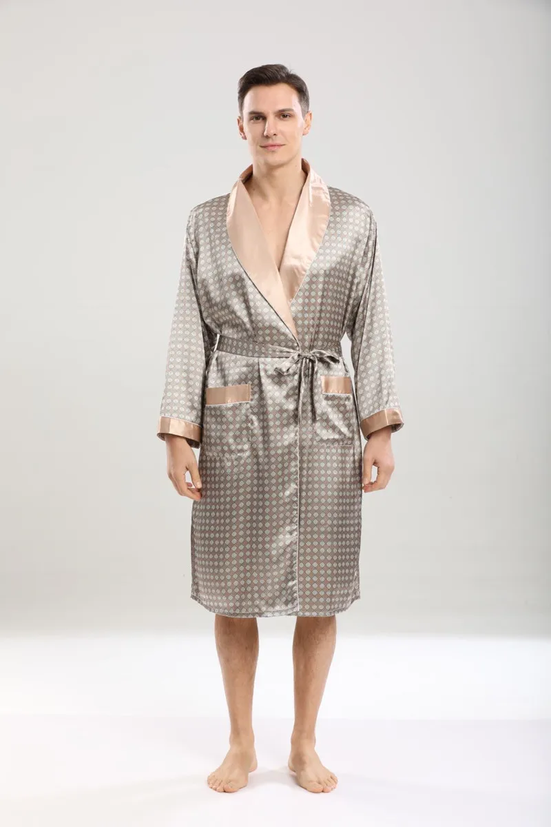 Large Home Silk Robe for Men Kimono Bathrobe Soft Cozy Long-sleeved Bath Gown Printed Geometric Robes Satin Sleepwear Nightgown
