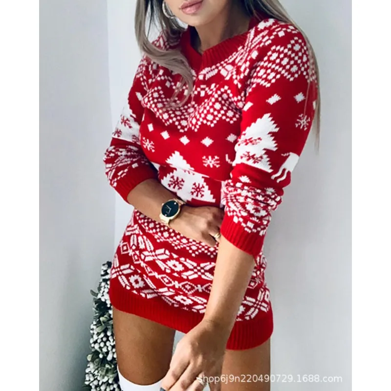 

2023 Autumn Winter New Women's Knitting Sweater Women's All-Match Christmas Theme Knitted Long Sleeve Mid-Length