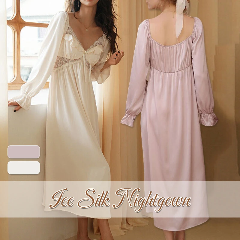 Vintage Princess Sleepwear Women Spring Summer Ice Silk Feel  Long Pajama Nightdress Fairy Ruffles Lace Victorian Nightgowns