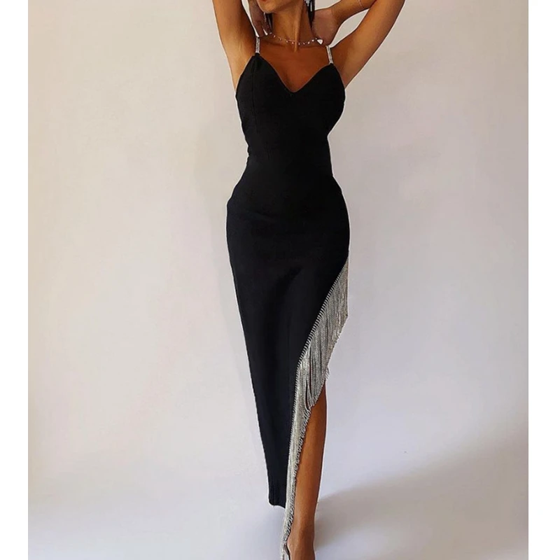 

Women Dress Summer Slim Fit High Waist Tassel Stitching Dress Women's Sexy Elegant Spaghetti Strap V-Neck Split Irregular Dress