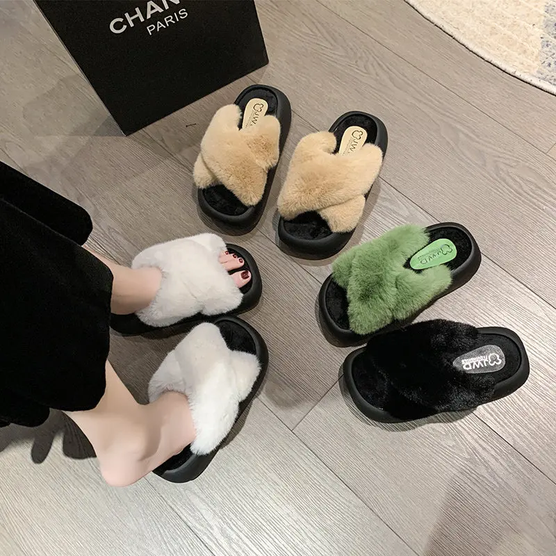 

Flat Shoes Female Woman's Slippers Platform Cross-Tied Flock Med Luxury Slides Fur Flip Flops 2023 Soft Designer Plush Retro wit