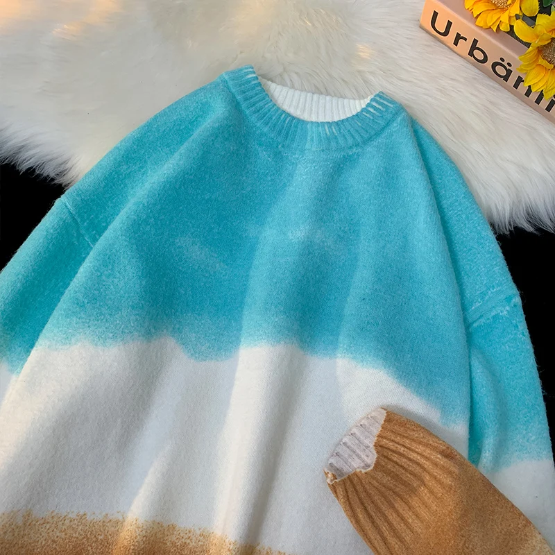 Sweater Male Pullover Contrast Color Splice Men Sweater Long Sleeves Slim Fit Youth College Style Crew-neck Tops Harajuku Purple