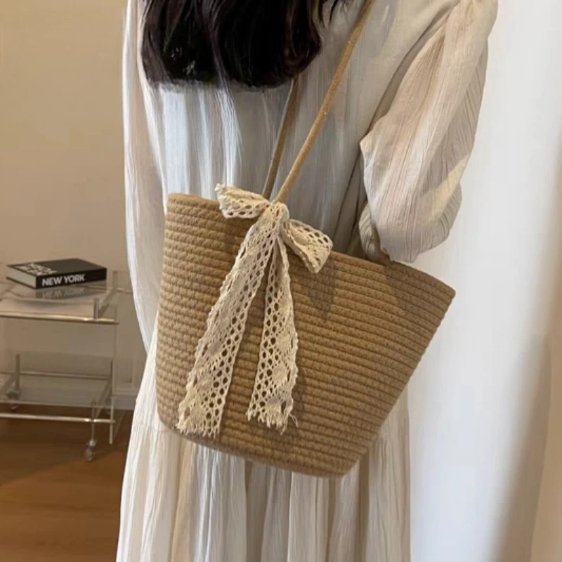 Плетеная соломенная сумка для женщин вместительный пляжный тоут на ремне с