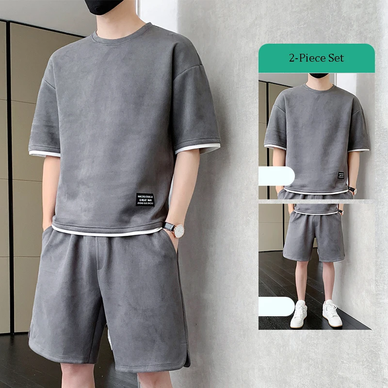 

New Suede Tracksuit Mens Summer Sets O-Neck Short Sleeve Shorts Fashion Solid Color Sport Suit Men Loose T-shirts 2 Piece Set