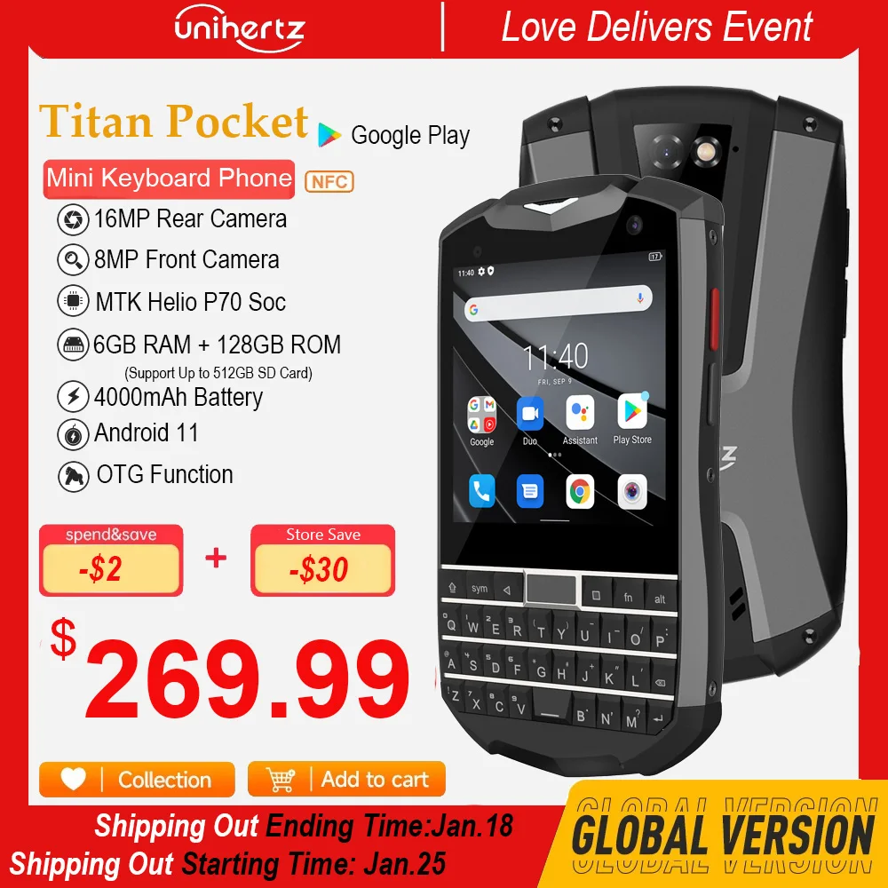 Unihertz Titan Карманный Маленький QWERTY смартфон Android 11 6 ГБ 128 Гб 3,1 дюйма две SIM-карты разблокированная клавиатура телефон 16 МП