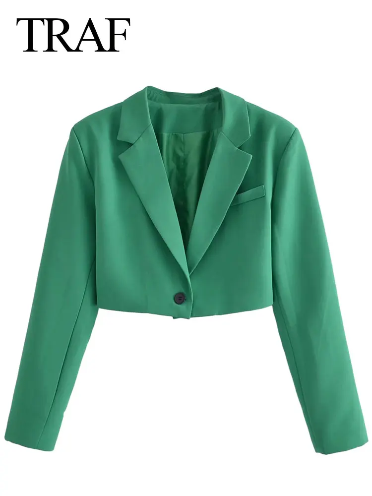 

TRAF 2022 Fashion New Short Street Office Women's Blazer Top Solid Green Trendy One Button Long Sleeve High Quality Jacket Wear