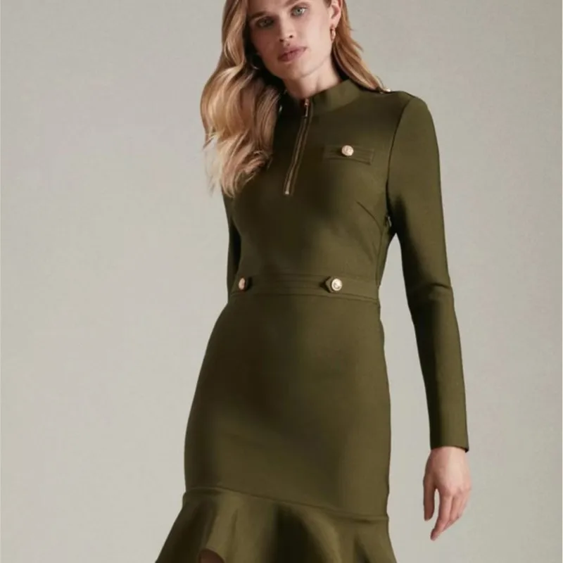 2022 Summer Sexy O Neck Fashion Army Green Ruffles Bandage Dress For Women Knee Evening Celebrity Club Runway Party Dresses