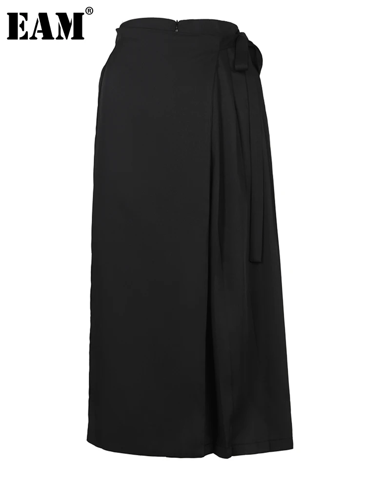 

[EAM] High Elastic Waist Black Pleated Bandage Wide Leg Pants New Loose Fit Trousers Women Fashion Spring Autumn 2023 1DB20701