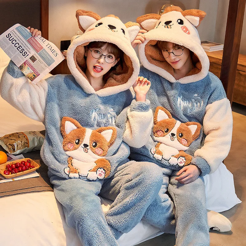 Couples Pajamas Sets Women Men Winter Thicken Pyjamas Sleepwear Cartoon Dinosaur Korean Lovers Homewear Soft Warm Pijama Hoodies