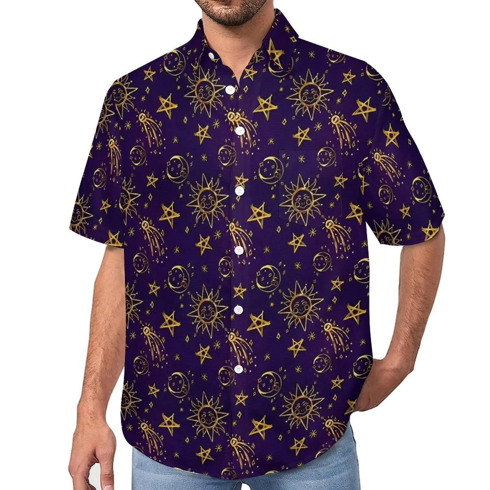 

Astrology Casual Shirt Sun and Moon Beach Loose Shirt Hawaiian Cool Blouses Short Sleeve Graphic Oversized Clothing