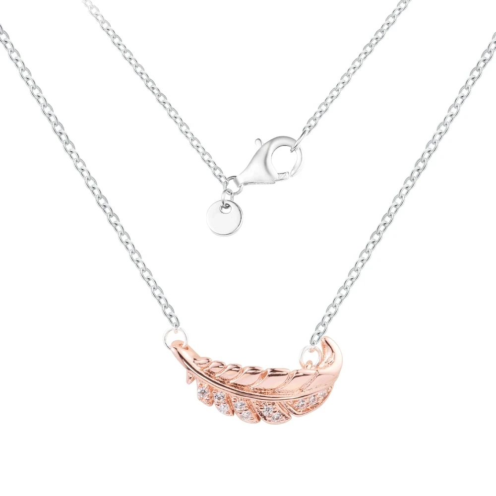 

Two-Tone Floating Curved Feather Collier Sterling Silver Jewelry Free Shipping 925 Beads & Charms DIY Chain Female Necklace