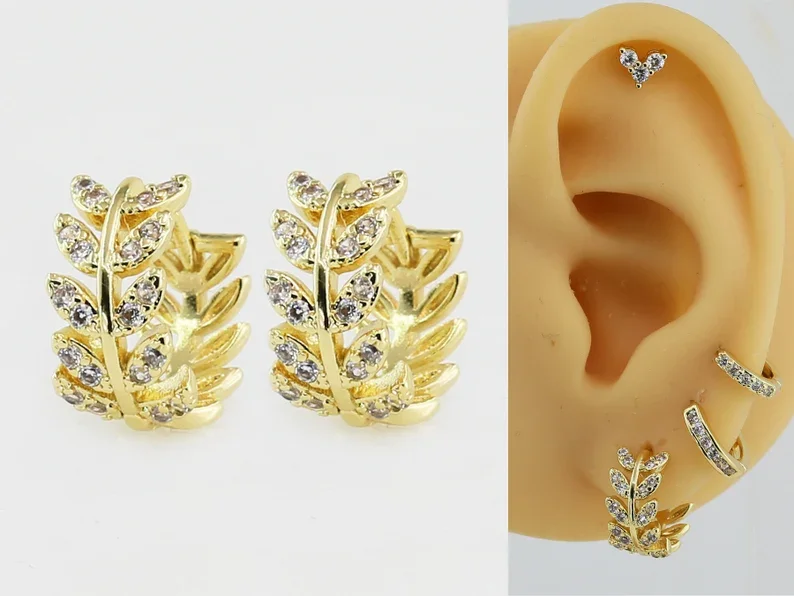 

6pcs Olive Leaves CZ Huggie Hoop Earrings, CZ pave Hoop Earrings, Delicate Circle Earrings, Real 14K Gold Plated GH073
