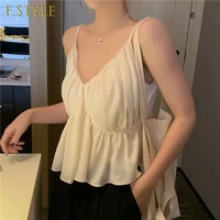 f girls pleated v neck sexy top women suspender vest summer 2022 new french style solid temperament versatile bottomed shirt