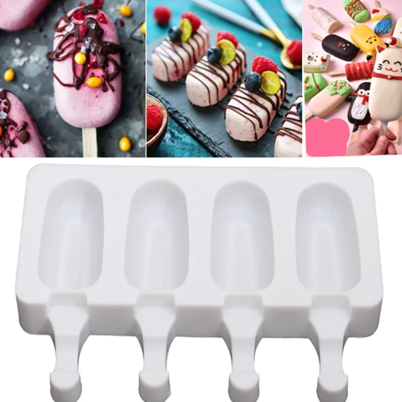

4 Hole Silicone Ice Cream Mould DIY Homemade Dessert Freezer Fruit Juice Ice Pop Cube Maker Popsicle Molds With Sticks S/L