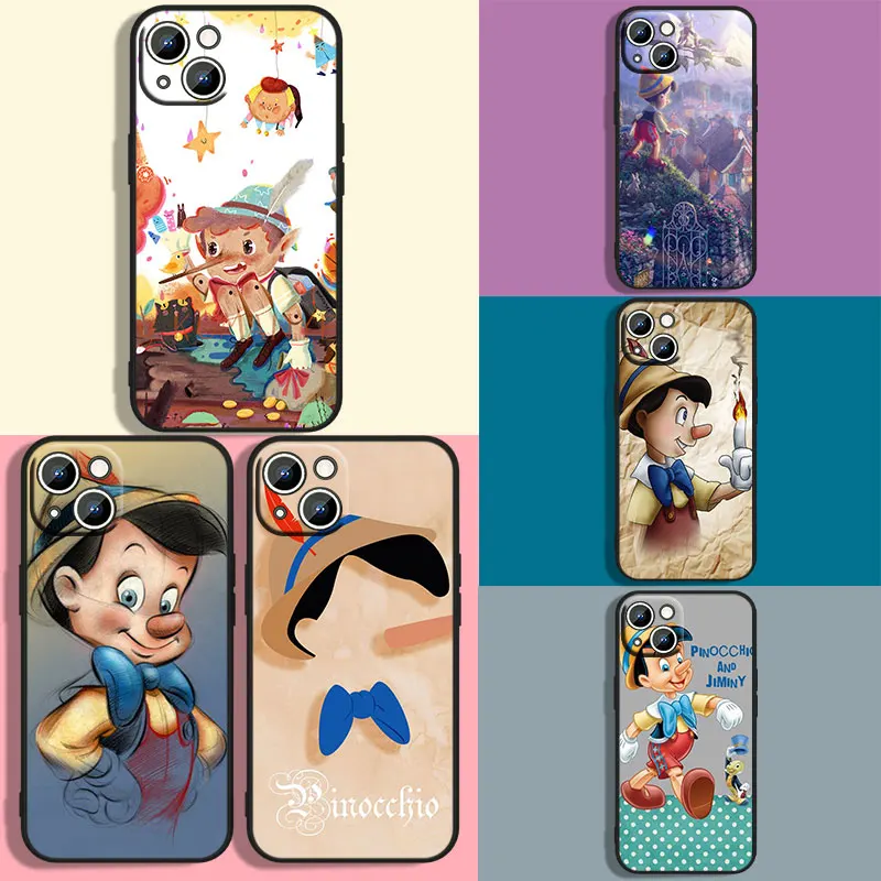 

Pinocchio Phone Case For Apple iPhone 11 12 13 14 Max Mini 8 X XR XS Pro Plus Black luxury Silicone Soft Cover Funda Capa Back