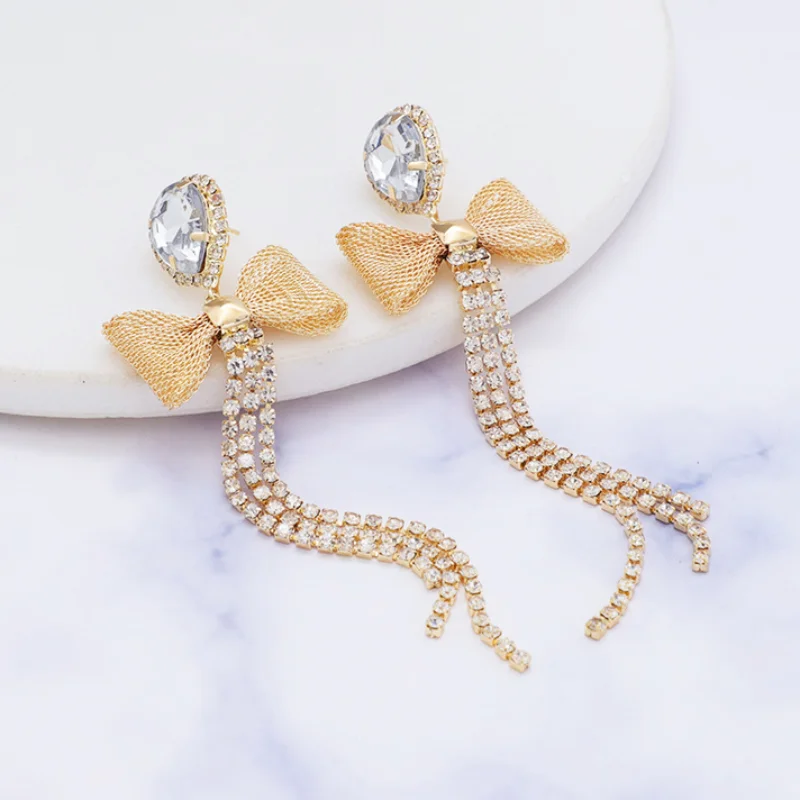 

Sweet Long Bowknot Rhinestone Long Woman Earrings